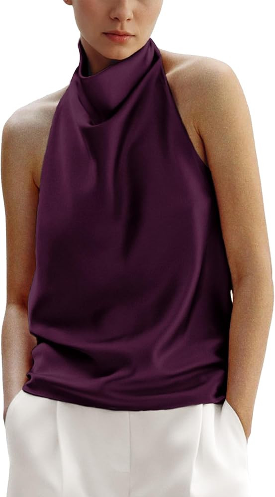 Women's Silk Satin Tank Tops Halter Draped Front Sexy Backless Womens Summer Tops Elegant Camisol... | Amazon (US)