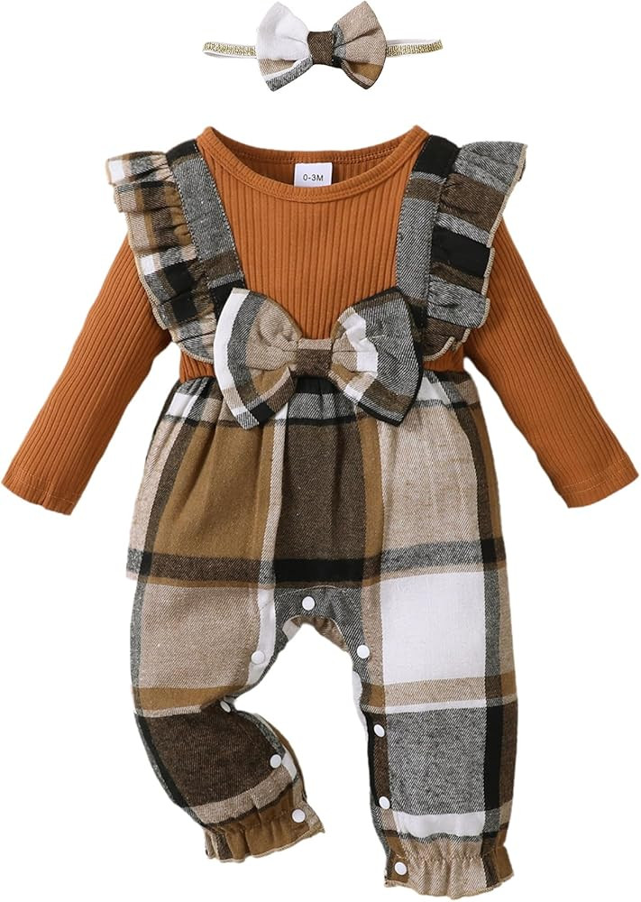 Newborn Infant Baby Girl Clothes Fall Winter Plaid Long Sleeve Jumpsuit One Piece Romper Bodysuit... | Amazon (US)
