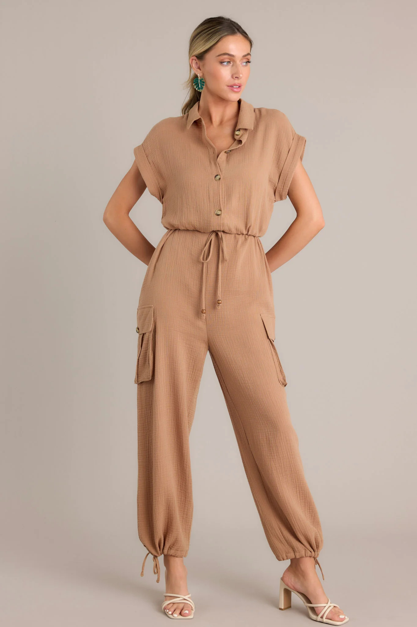 Twist On Timeless 100% Cotton Camel Brown Gauze Jumpsuit | Red Dress