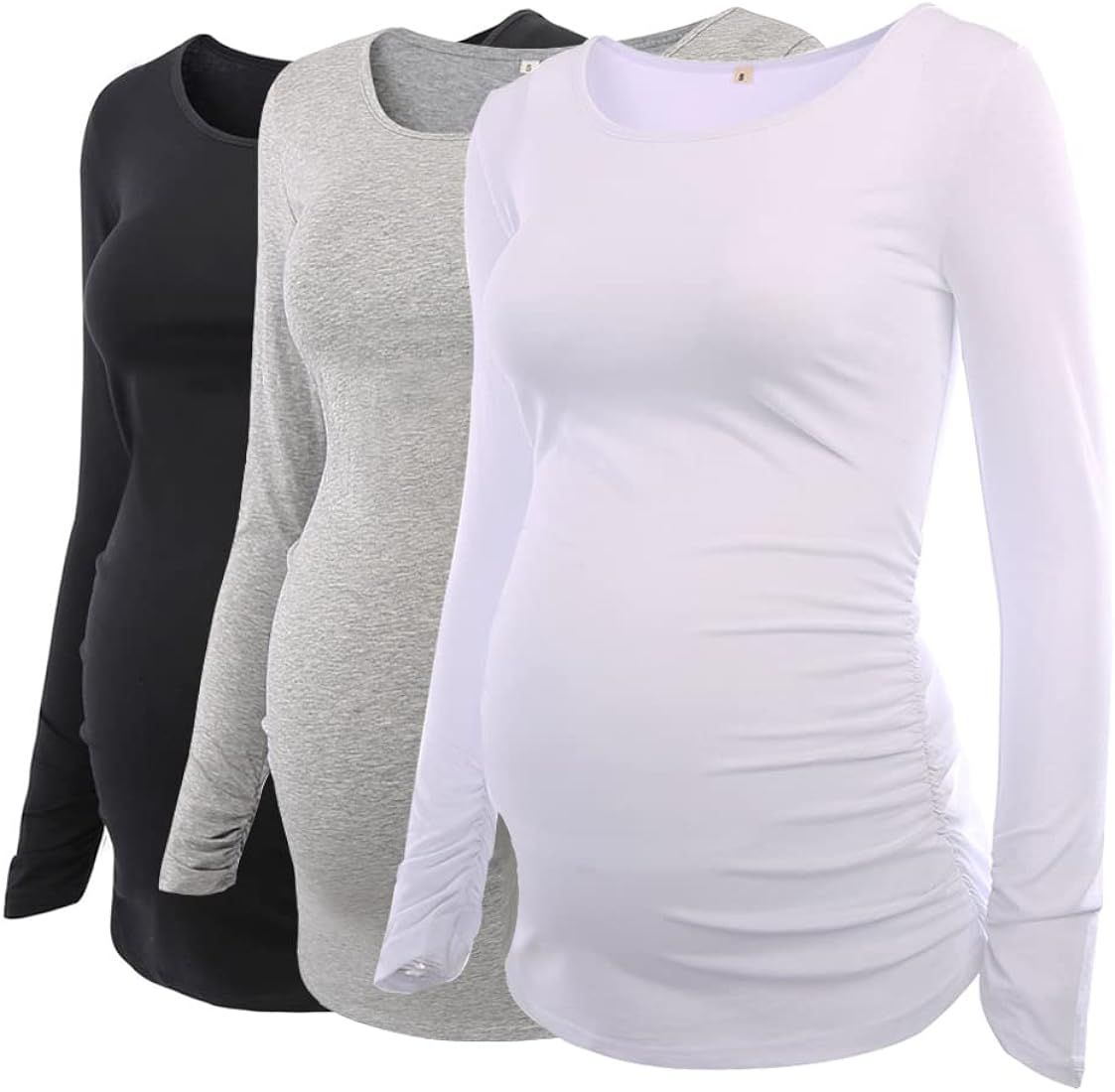 Ecavus 3Pack Women's Maternity Tunic Tops Long Sleeve Flattering Side Ruched Pregnancy Shirt | Amazon (US)