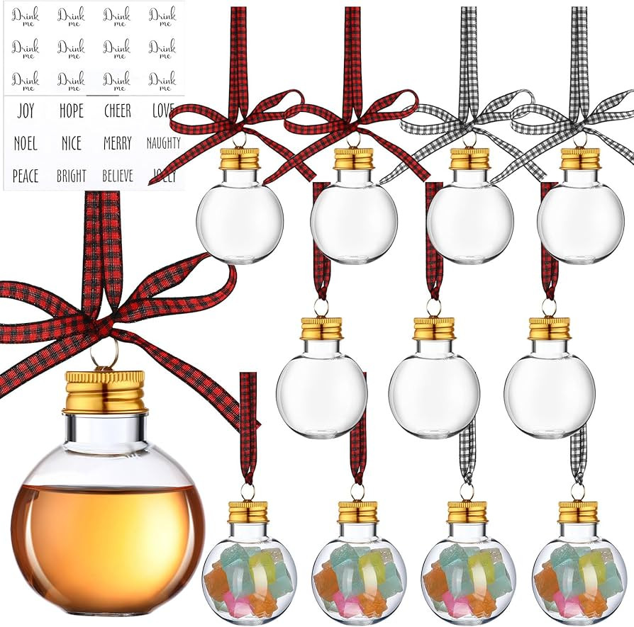 Kajaia 12 Pcs Christmas Booze Balls Xmas Fillable Tree Ornaments with Buffalo Plaid Ribbon Sticke... | Amazon (US)