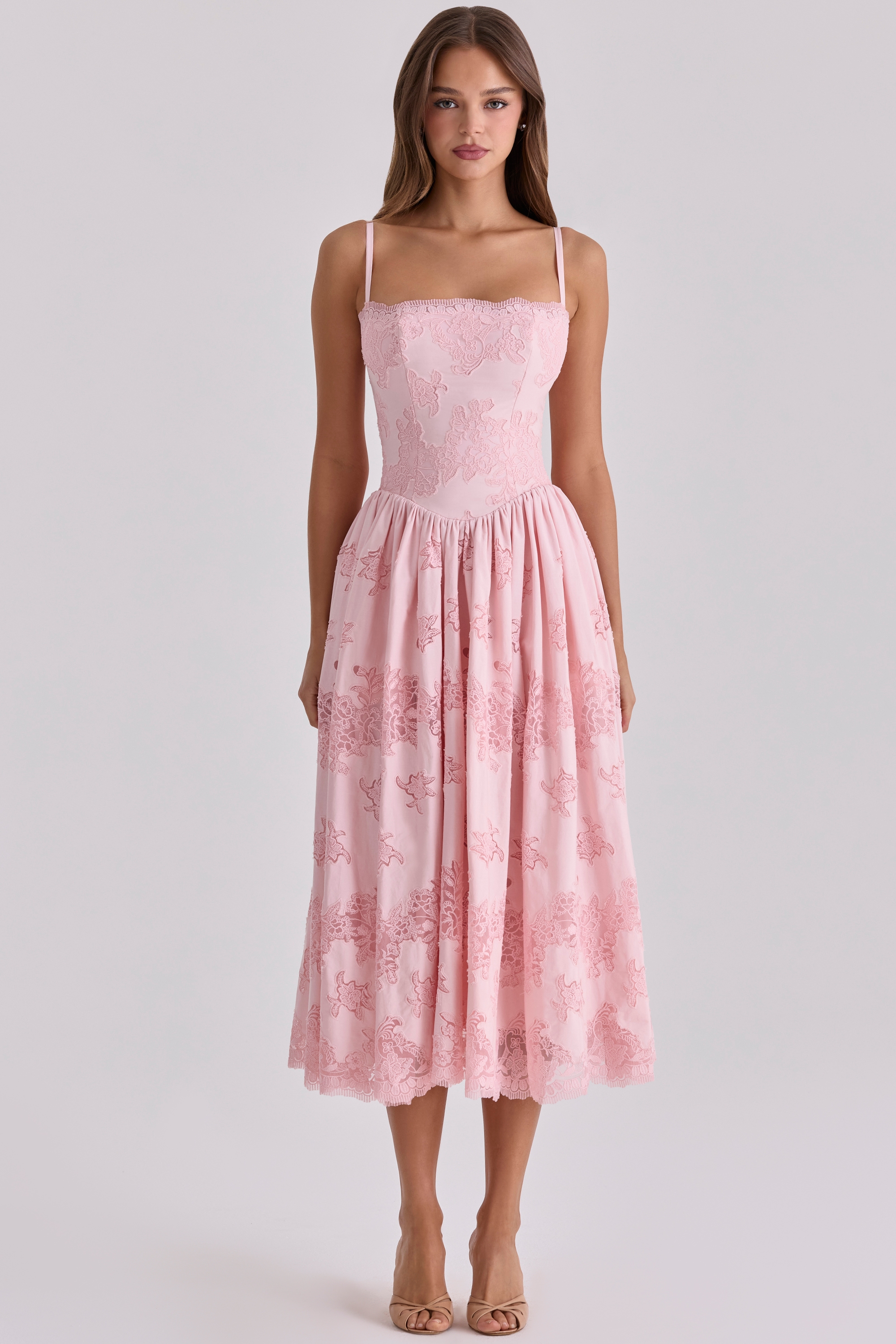 pink cotton broderie anglais lace midi sundress | House of CB