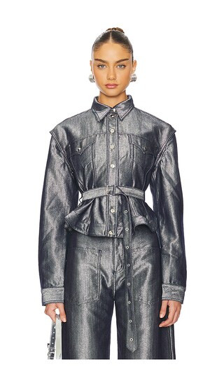 Silver Denim Cinched Jacket With Belt in Silver | Revolve Clothing (Global)