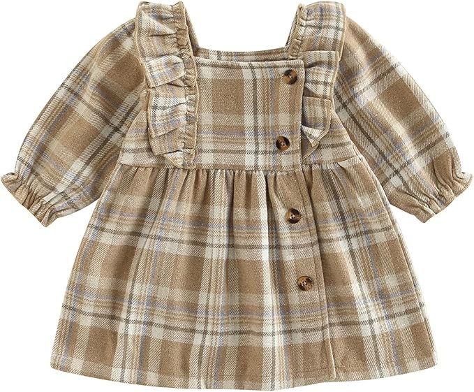 VISGOGO Infant Baby Girls Plaid Dress Ruffles Long Sleeve Buttons Square Neck A-line Dress Fall W... | Amazon (US)