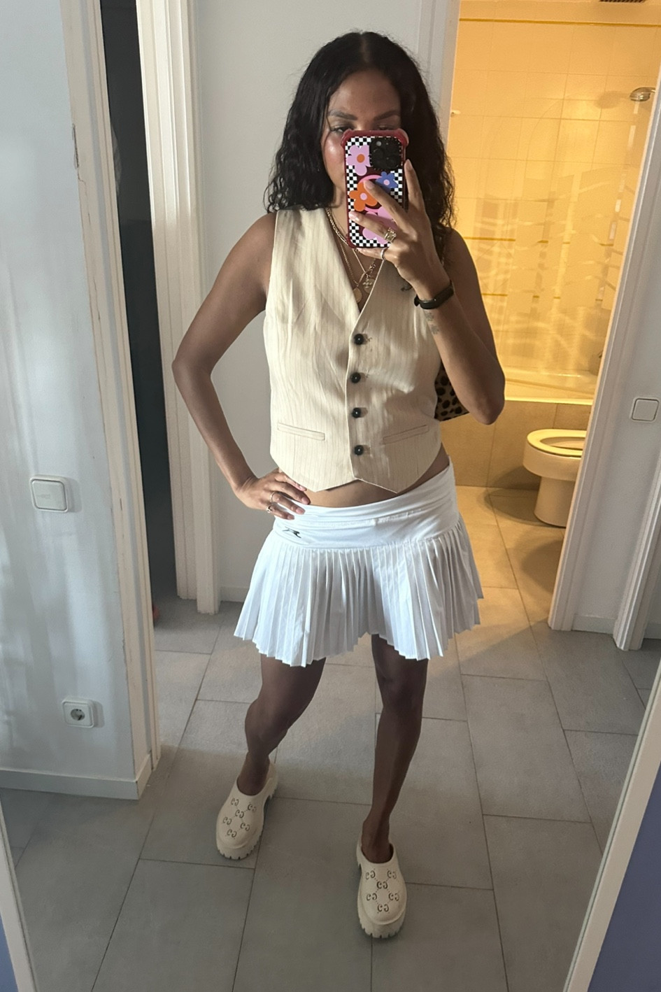 Waistcoat, pleated short, platform
Clogs, neutral outfit, transitional outfit, autumn outfit, mini skirt, cropped top, waistcoat outfits, leopard print 

#LTKSeasonal #LTKstyletip #LTKshoecrush