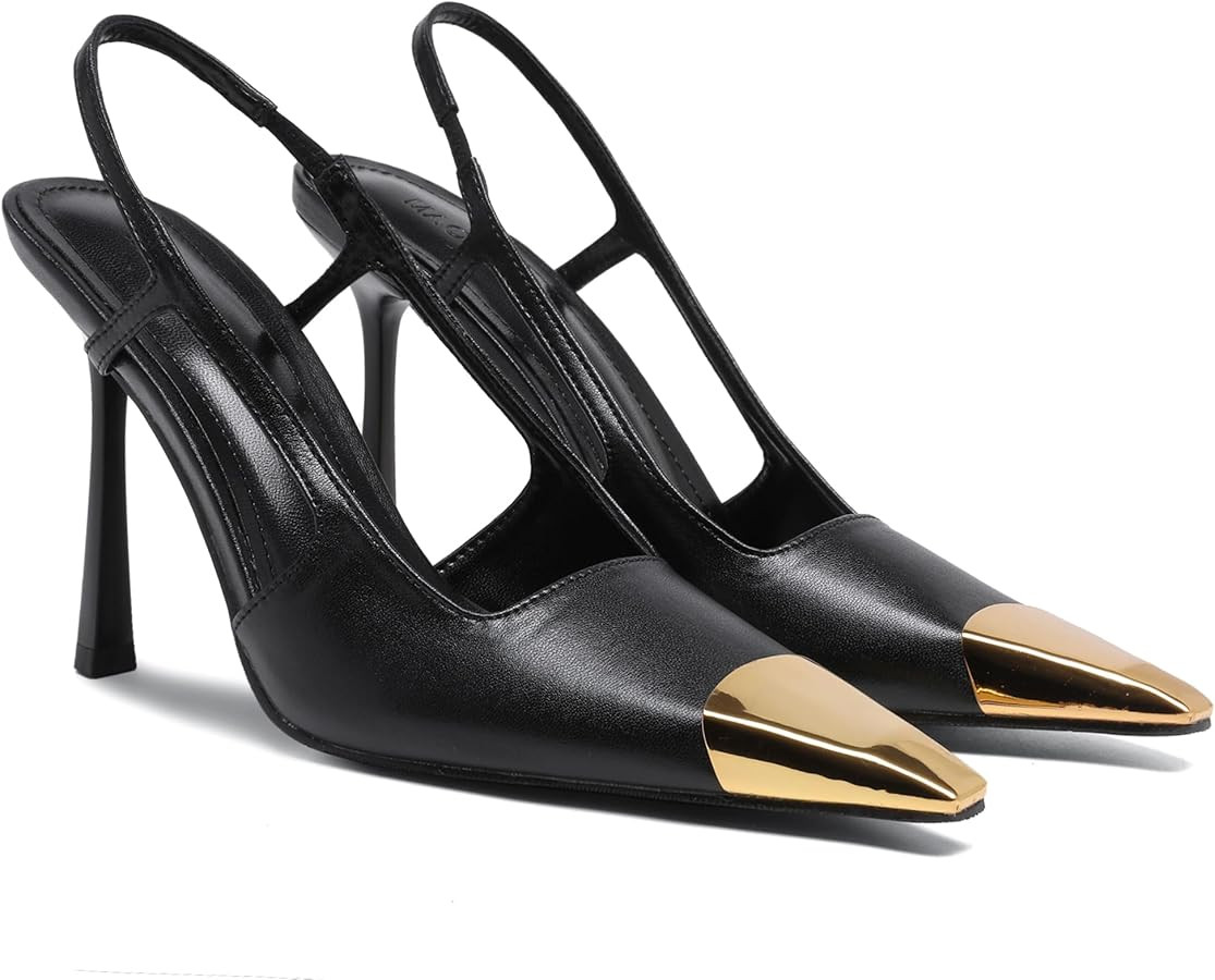 Black Slingback High Heels for Women Metal Pointed Toe Stiletto Heels Closed Toe Pumps Patent Lea... | Amazon (US)