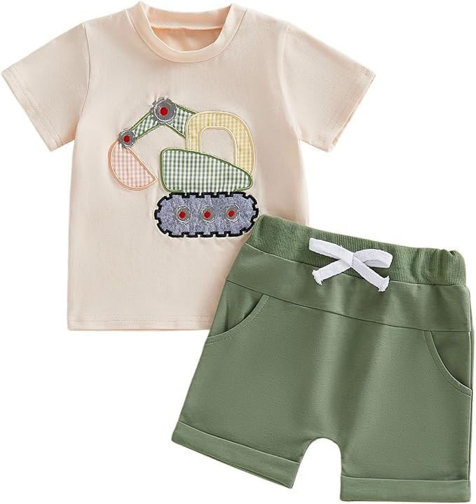 Toddler Baby Boy Summer Clothes Excavator Embroidery Short Sleeve T-Shirt Elastic Waist Shorts Se... | Amazon (US)