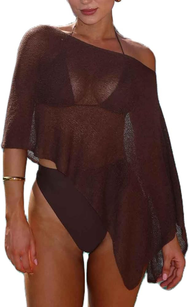 Women Knit Sheer Poncho Top Y2k One Shoulder Batwing Sleeve Shrug Top Asymmetric Cover Up Vacatio... | Amazon (US)