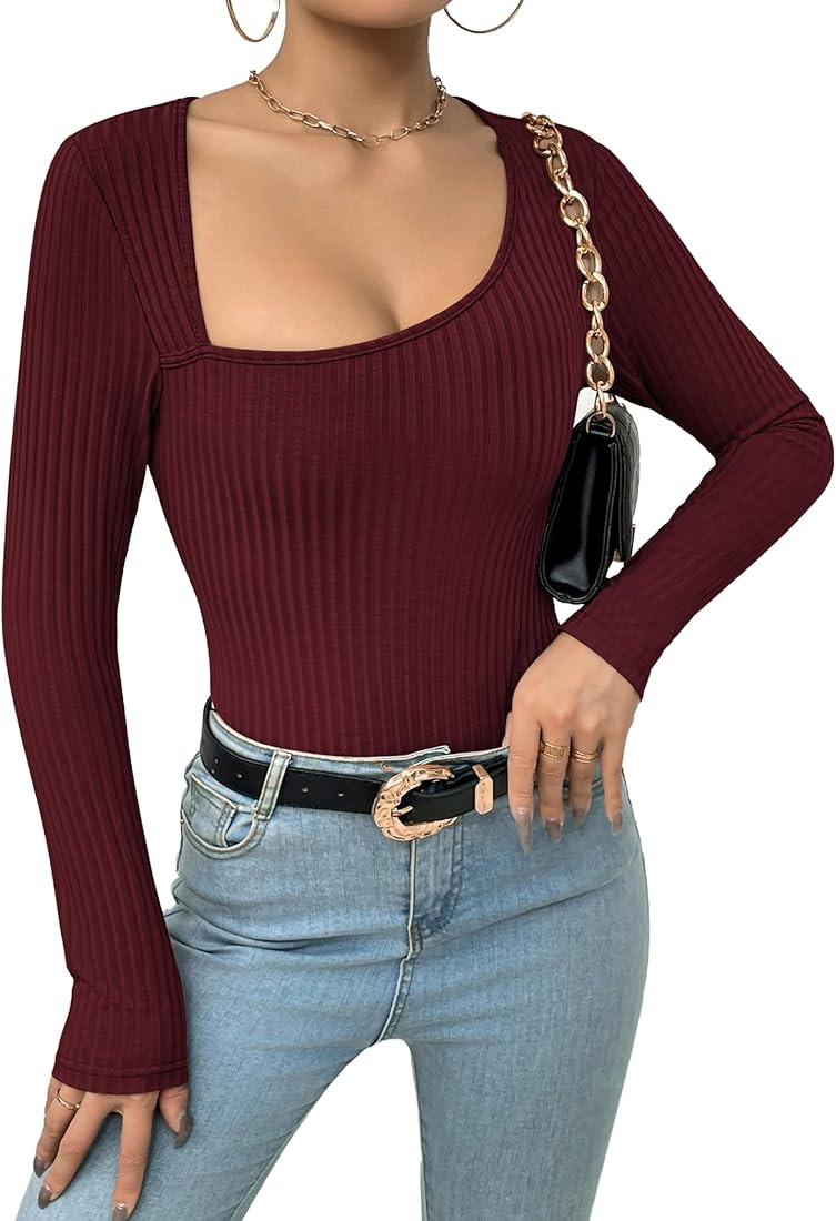 Women's Bodysuit 2023 One Piece Asymmetrical Neck Long Sleeve Ribbed Slim Thong Body Suit Tops for W | Amazon (US)