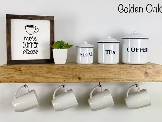 Floating Shelf with Coffee Mug Hooks | Stained | Etsy (US)
