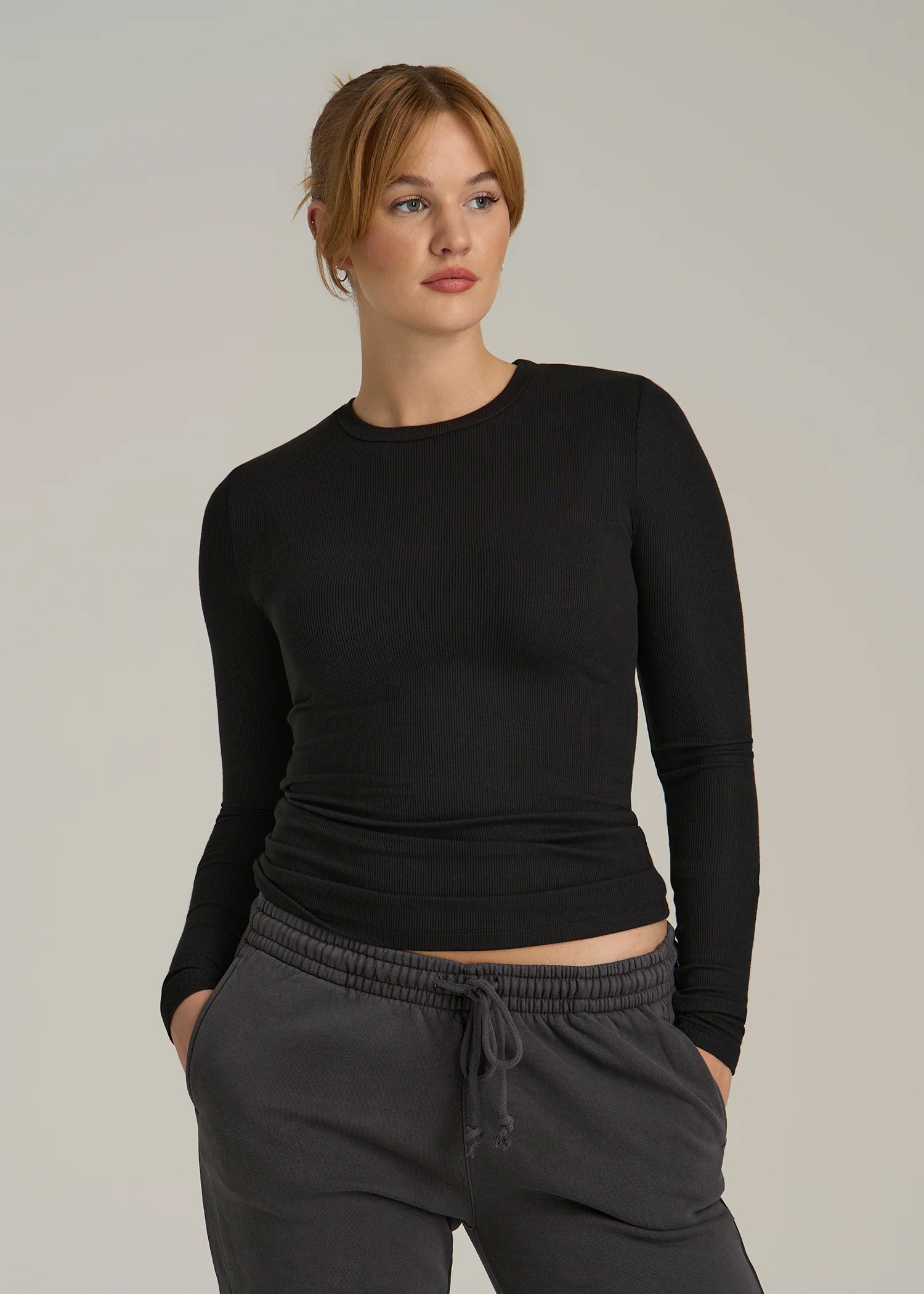 FITTED Ribbed Long Sleeve Tee for Tall Women in Black | American Tall