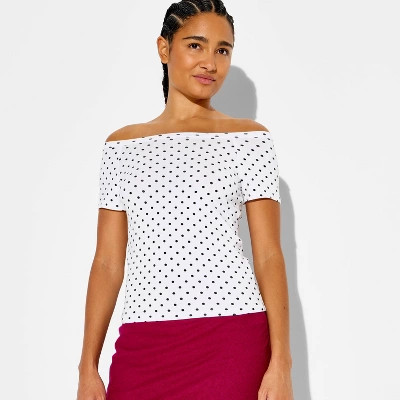 Women's Short Sleeve Off the Shoulder T-Shirt - Wild Fable™ White Polka Dots XL | Target