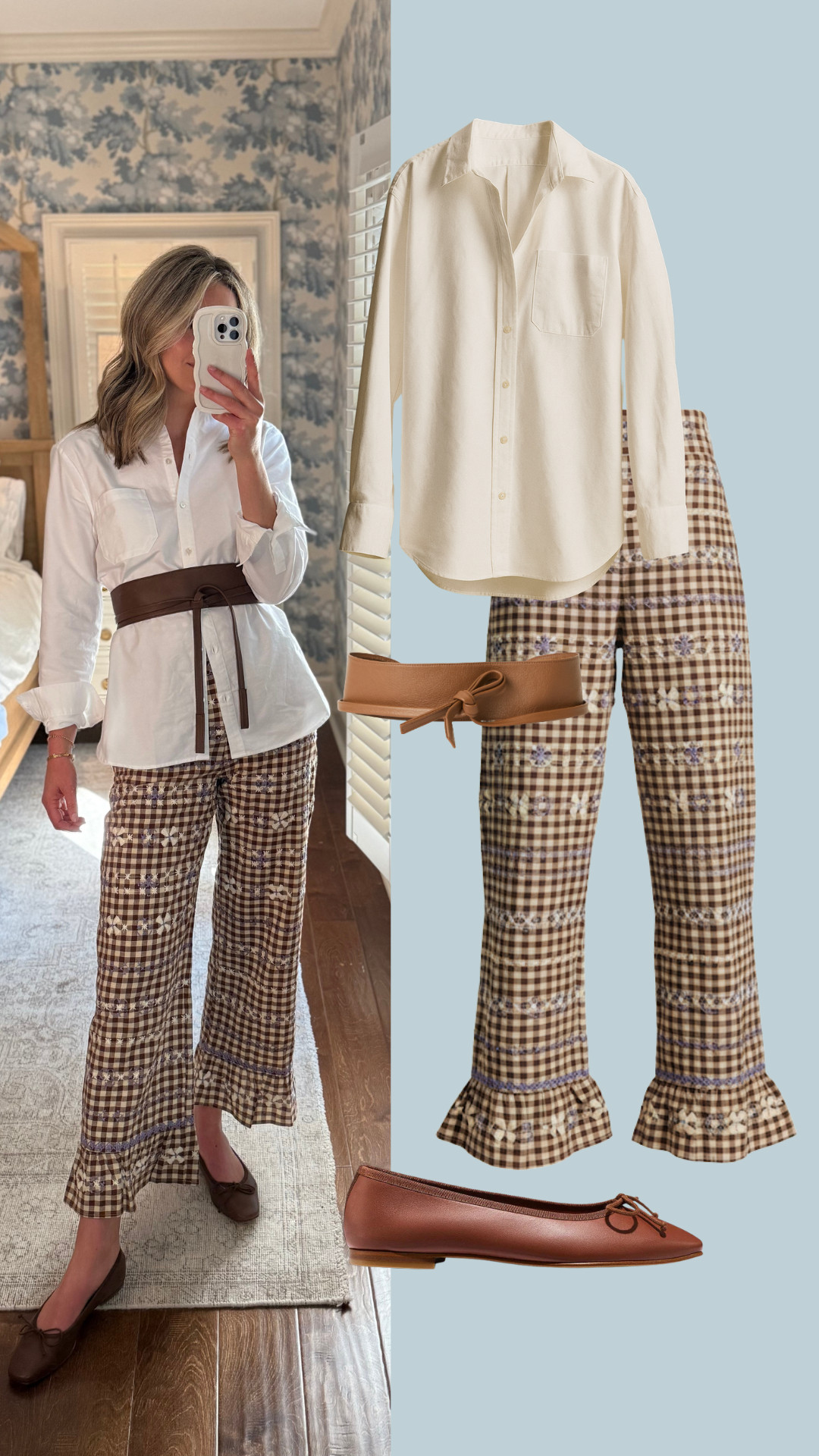in loveee with this Sezane look! these gingham pants are incredible – such a fun piece to style for fall! the ruffling on the leg is so fab. paired with this chic white button-down, my favorite Margaux ballet flats, and this fun B-low The Belt wrap belt to accessorize. wearing size 2 top & size 4 bottoms!  

 #LTKSeasonal #LTKStyleTip #LTKShoeCrush