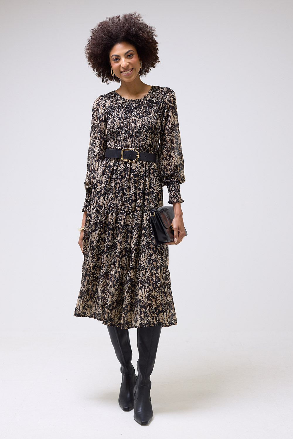 Betty Printed Shirred Midi Smock Dress in Black | iCLOTHING