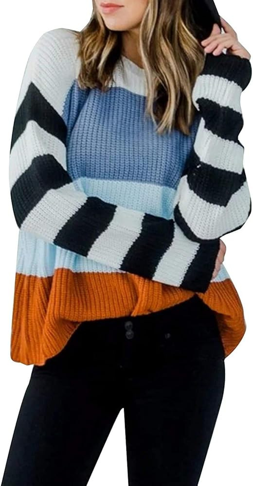 ZESICA Women's Long Sleeve Crew Neck Striped Color Block Casual Loose Knitted Pullover Sweater To... | Amazon (US)