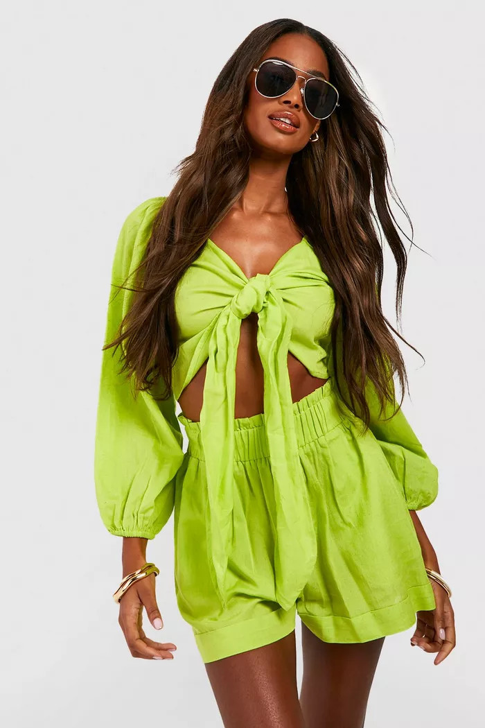Linen Look Knot Crop & Paperbag Waist Shorts | boohoo (US & Canada)