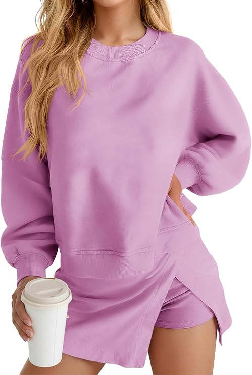 Fisoew 2 Piece Sets for Women Cotton Workout Sets Sweatshirt Top High Waisted Lined Split Athleti... | Amazon (US)