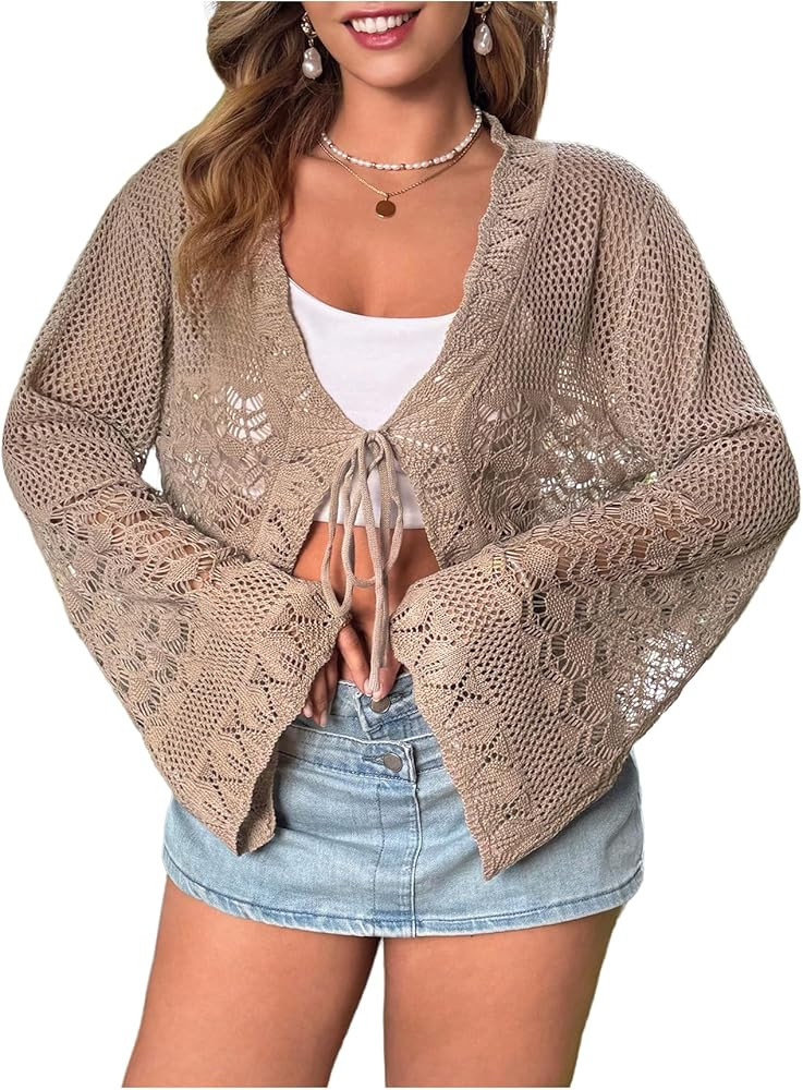 Women's Plus Size Crochet Cardigans Summer Bell Sleeve Tie Front Lightweight Cardigan Sweater Cro... | Amazon (US)