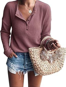 Womens Henley Shirts V Neck Long Sleeve Button Down Tops Knit Tees | Amazon (US)