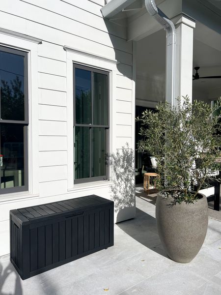 Waterproof Outdoor storage box - holds a ton and keep things dry 👍🏻

Large planter is from Pottery Barn & that's an olive tree 🫒🕊️

