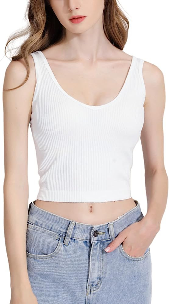 KKP Women’s Sexy Sleeveless V-Neck Fitted Ribbed Gym Workout Crop Tank Tops | Amazon (US)