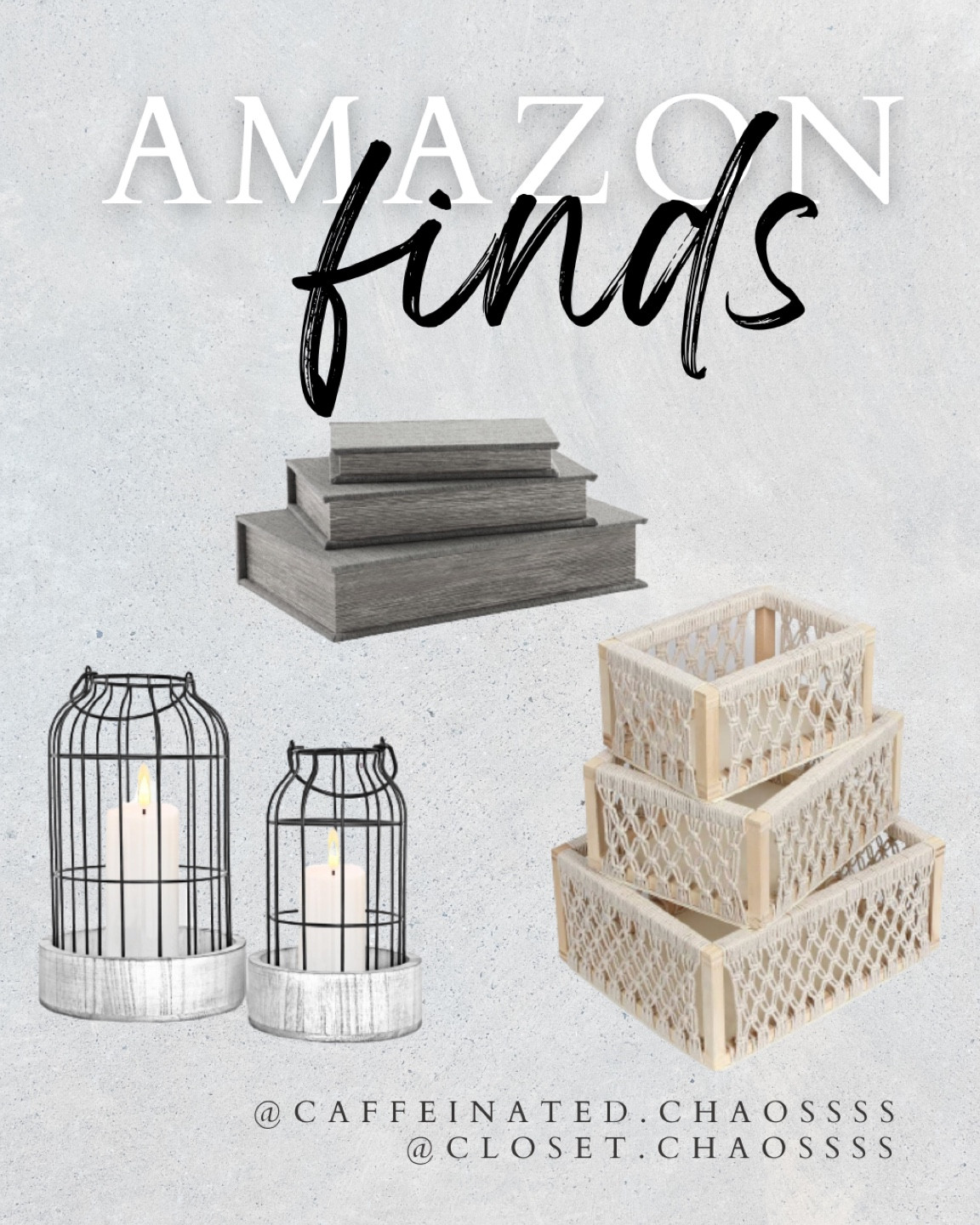 Signature Design by Ashley Jolina Vintage 3 Piece Faux Book
Keepsake Storage Box Set, Dark Gray

Modern Farmhouse Lantern Decor, [Refined] Rustic Home Decor Lanterns, Wire Metal Cloche Decorative Candle Holder for Your Living Room, Fireplace Mantle, Bathroom Countertop, Dining Table

Macrame Storage Baskets for Shelves and Closet, Boho Decorative Boxes for Home Decor, Perfect Pampas Grass Holder at Living Room White 

#LTKhome #LTKunder100 #LTKFind