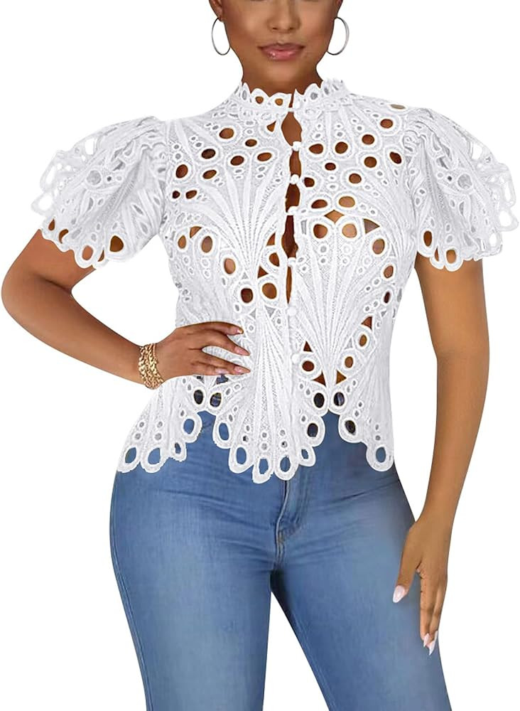 Doweha Women’s Sexy Ruffle Long Sleeve Summer Lace Tops 2024 Puff Flare Shirt V Neck Hollow Out... | Amazon (US)