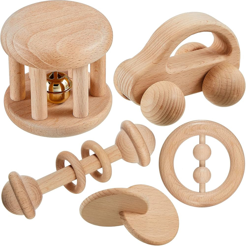 5 Pieces Wooden Baby Toys Wooden Toys for Babies 0-6-12 Months Wood Toys Rattles with Bells Monte... | Amazon (US)