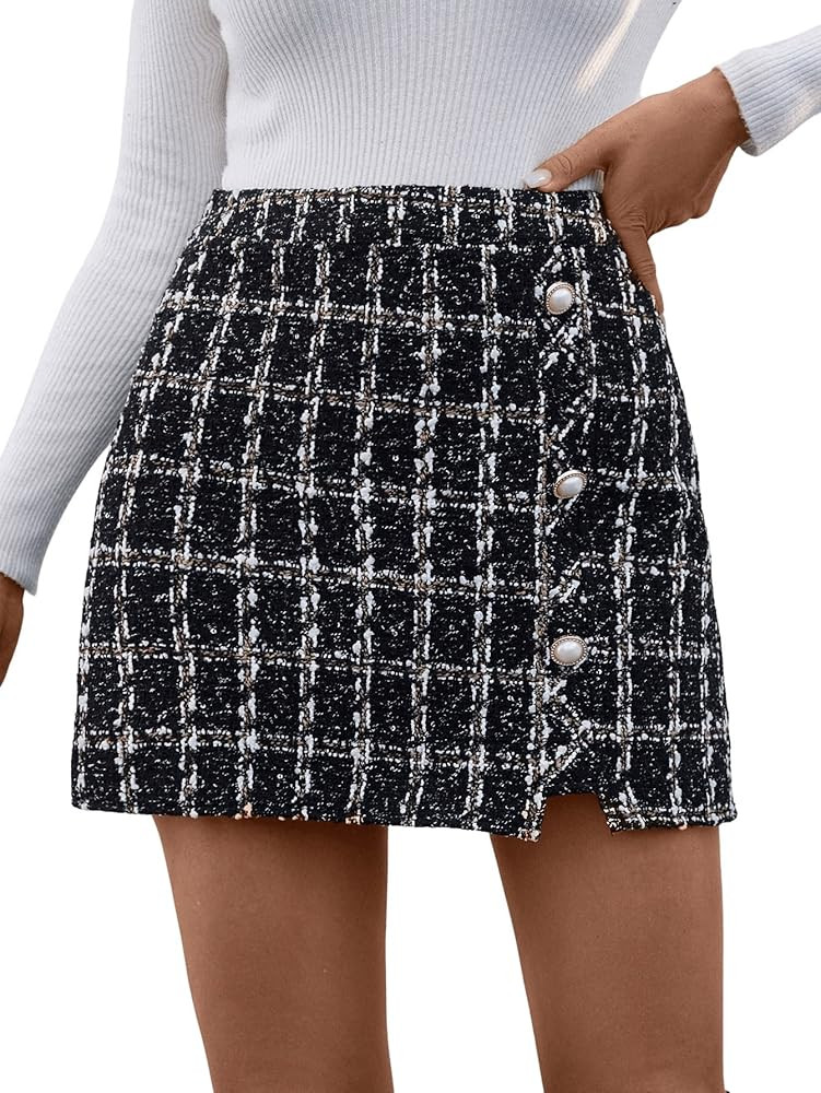 SweatyRocks Women's Elegant High Waist A-line Plaid Tweed Mini Skirt | Amazon (US)