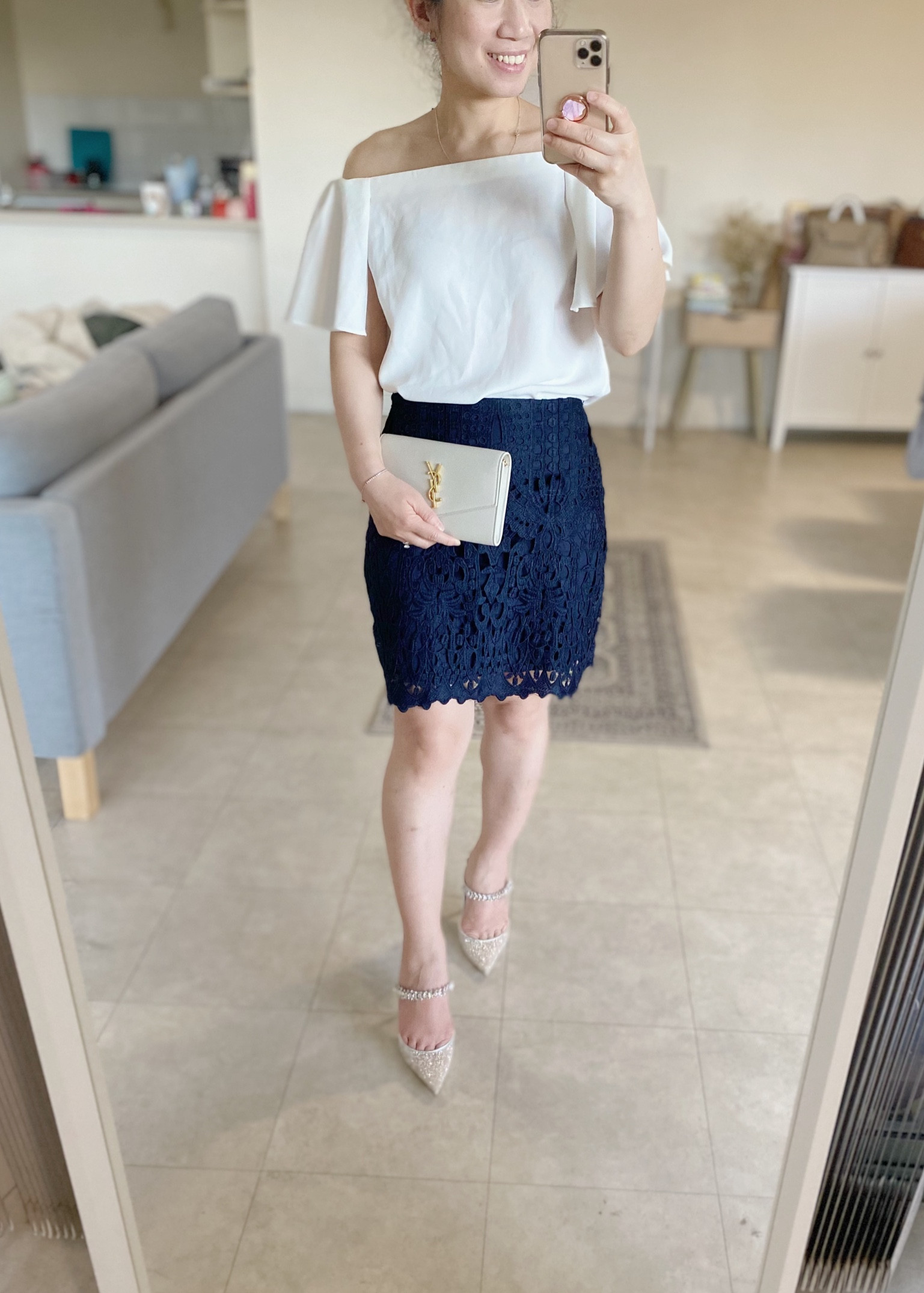 It’s beginning to feel like Christmas! My first Christmas party of the season. Wearing white off the shoulder top and navy lace mini skirt. Both old from Witchery but glittering things up with my new Jimmy Choos. Wearing the 10cm heel but there is also a 6cm version if you’re not so good with high heels. TTS but can also take half to one size up without noticing any difference because of the mule style. Also linking a few other glittery✨ options - everything currently on sale for Black Friday!

#LTKaustralia #LTKCyberWeek #LTKparties