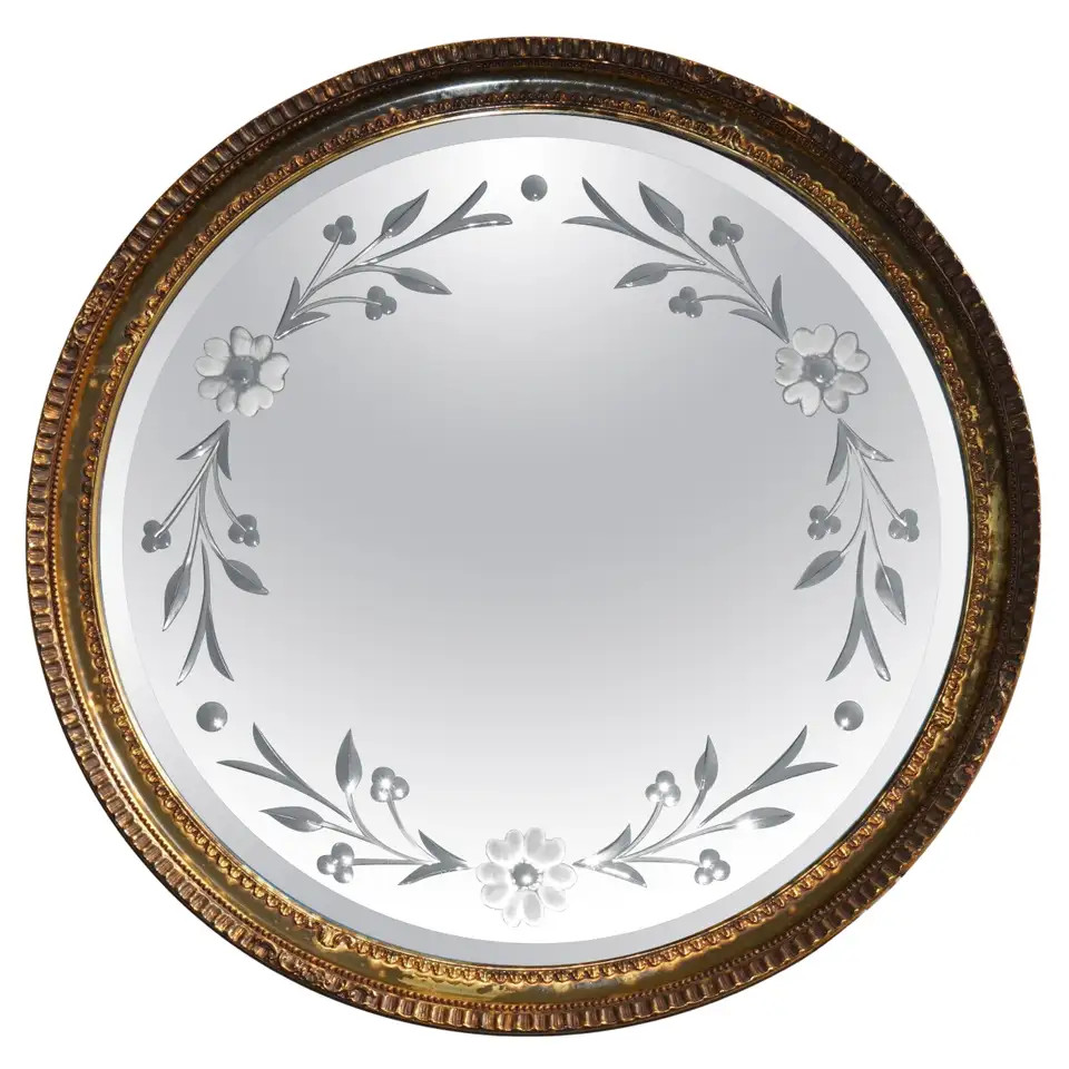 CiRCA 1930 VENETIAN ETCHED GLASS FRAME ROUND MIRROR WITH GOLD LEAF FRAME | 1stDibs