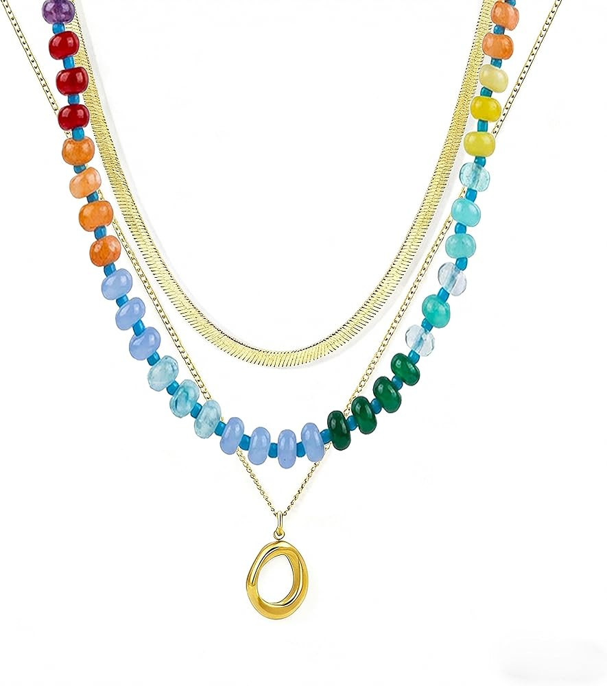 Gmai Layered Beaded Necklace for Women Colorful Trendy Snake Chain Circle Pendant Choker Gold Cha... | Amazon (US)