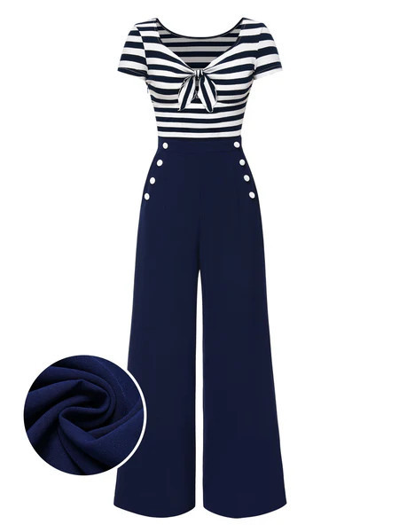 Blue 1950s Hollow Bow Stripe Patchwork Jumpsuit | Retro Stage