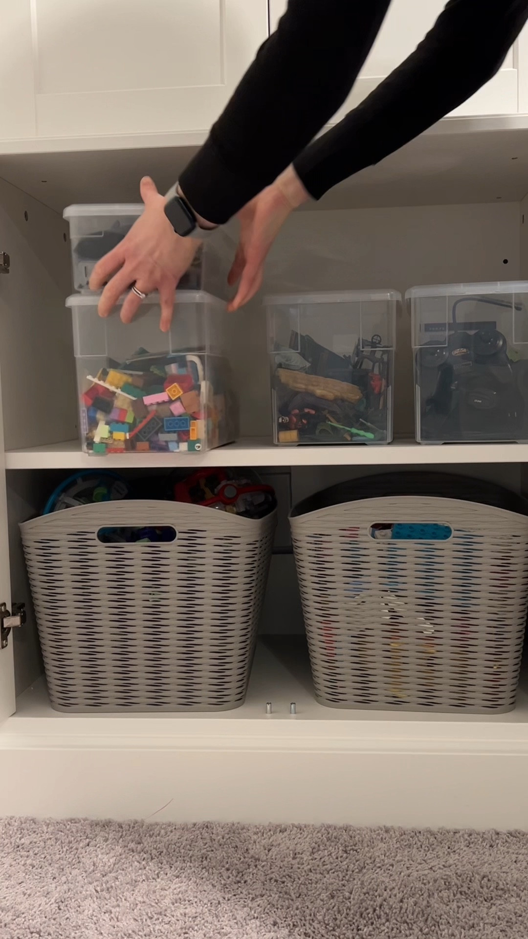 Toy storage! Clear bins are best for toys with lots of pieces or “sets” and large woven plastic bins are best for bulky toys like dolls and train tracks  

#LTKkids #LTKfamily