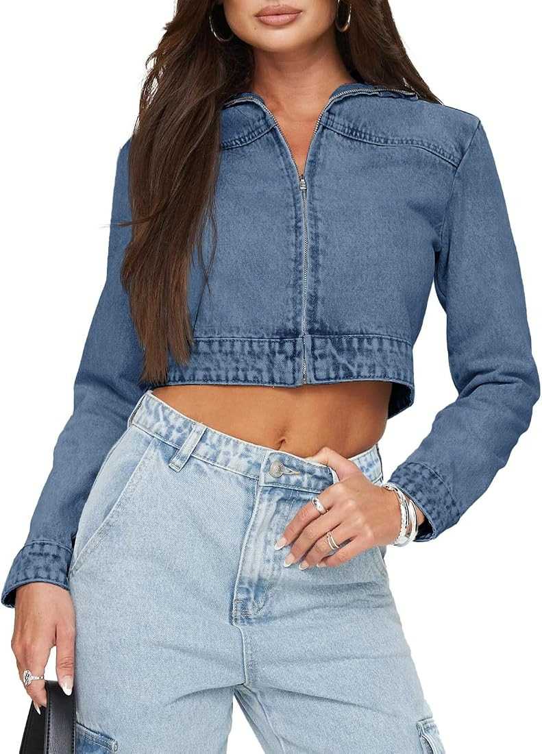 PLNOTME Womens Cropped Denim Jackets Casual Long Sleeve Zipper Lapel Collar Crop Jean Jackets | Amazon (US)