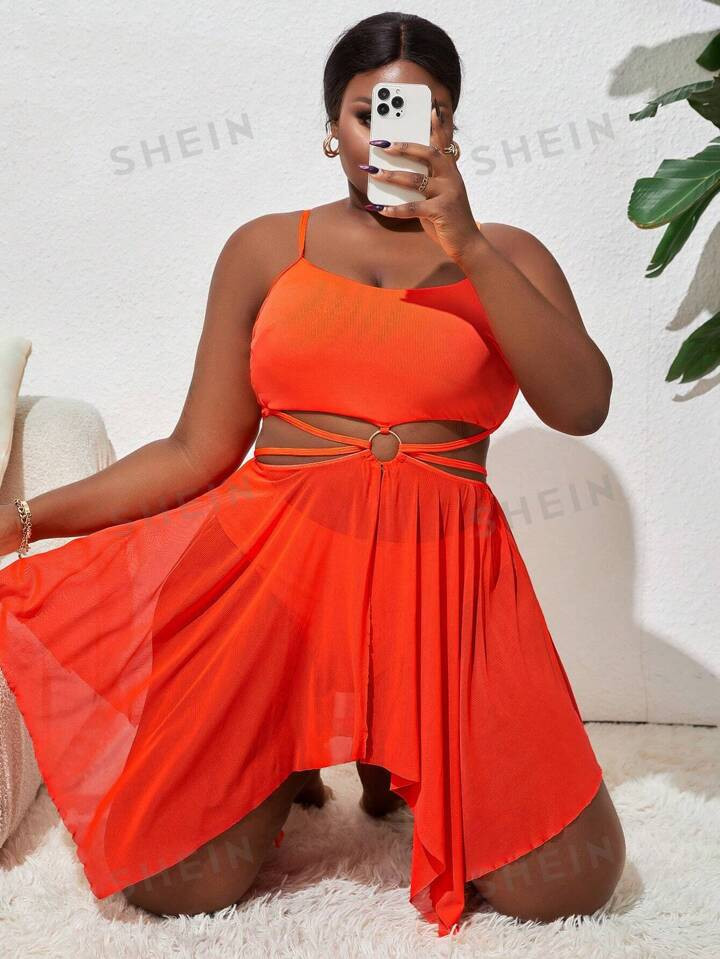 SHEIN Swim Curve Plus Size Women's Solid Color Hollow Out Spaghetti Strap Separated Swimsuit | SHEIN