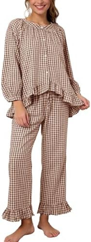Flygo Womens Plaid Pajamas Sets 2 Piece Cotton Pj Set Puff Sleeve Ruffle Babydoll Shirt Gingham P... | Amazon (US)