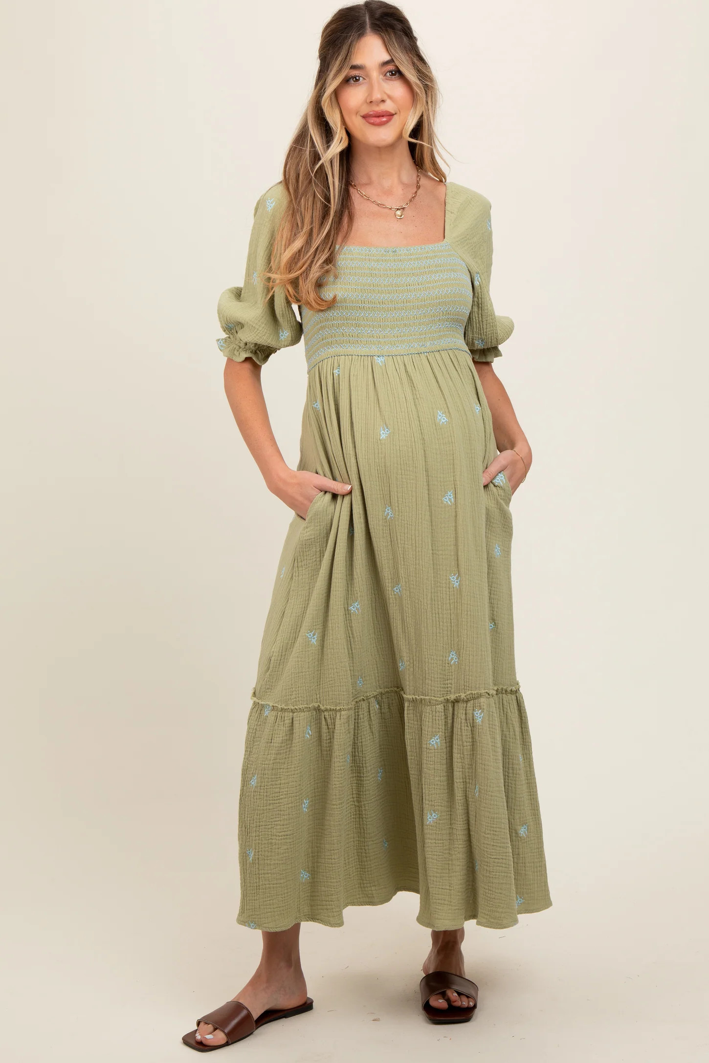 Light Olive Gauze Smocked Embroidered Square Neck Maternity Midi Dress | PinkBlush Maternity