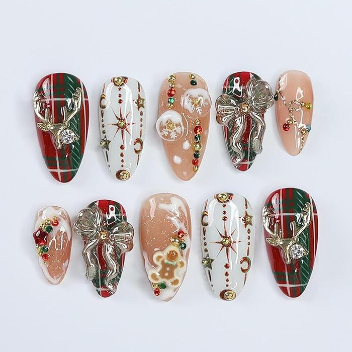 24Pcs Christmas Fake Nails Luxury Handmade Press on Nails with 3D Bow Elk Rhinestone Charm Design... | Amazon (US)