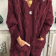 Autumn And Winter Solid Color One Button Casual Women's Plus Size Plus Size Sweater Cardigan With Pockets | SHEIN