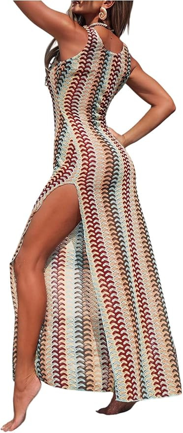 Women's Striped Swimsuit Cover Up Sleeveless High Split Crochet Knit Long Dresses Swimwear       ... | Amazon (US)