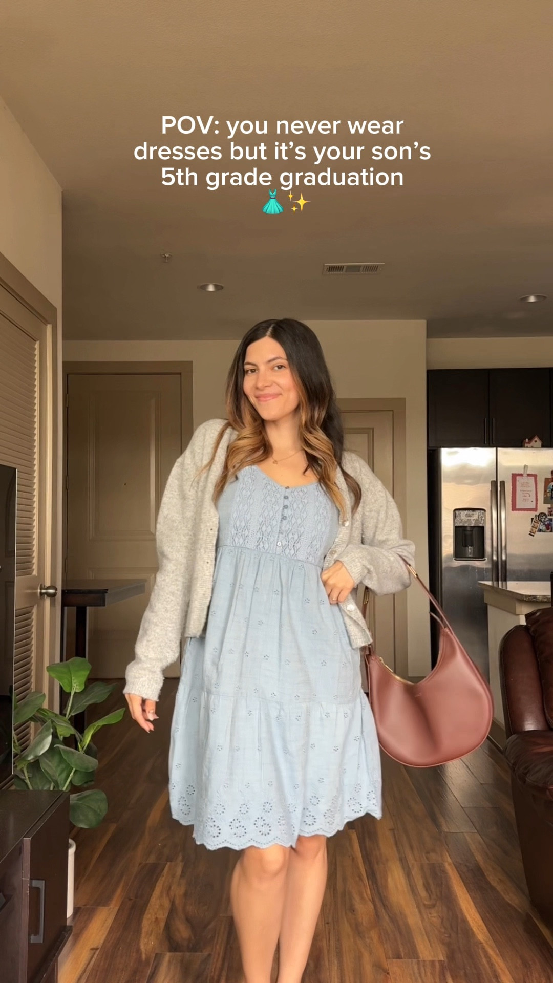 Size XS in dress, S in cardigan, & I sized down half a size in shoes


Blue summer dress, mini dress, sleeveless mini dress, grey cardigan, women’s outfit for summer, kitten heels, charm heels , brown shoulder bag, Levi mini dress  