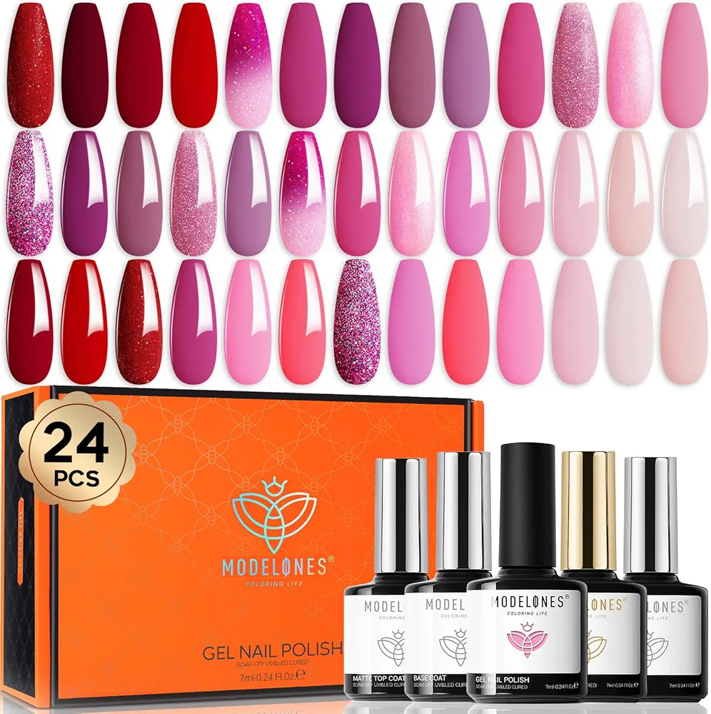 Modelones 24 Pcs Gel Nail Polish Kit, 20 Colors Red Gel Nail Polish Classic Red Glitter Nail Poli... | Amazon (US)
