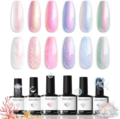 modelones Pearl Gel Nail Polish Set, 6 Colors 2026 Spring Aurora Iridescent Shimmer White Pink Pu... | Amazon (US)