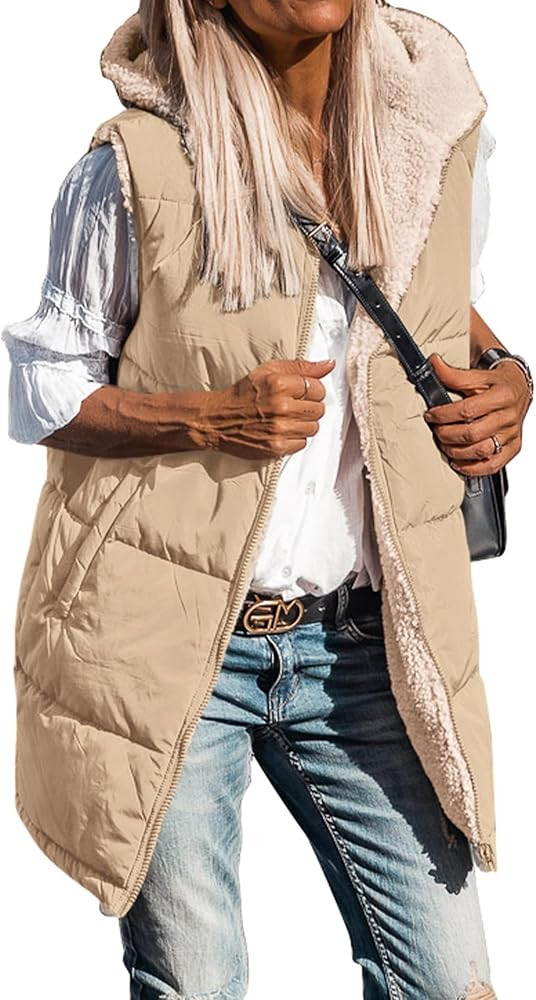 BTFBM Long Puffer Vest Women Fleece Sherpa Jacket Sleeveless Hooded Reversible Zip Up Winter Coat... | Amazon (US)