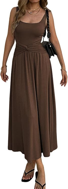 Mieazom Women's Summer Mock Knot Front Maxi Dress Sleeveless Square Neck Corset Ruched Waist Emip... | Amazon (US)