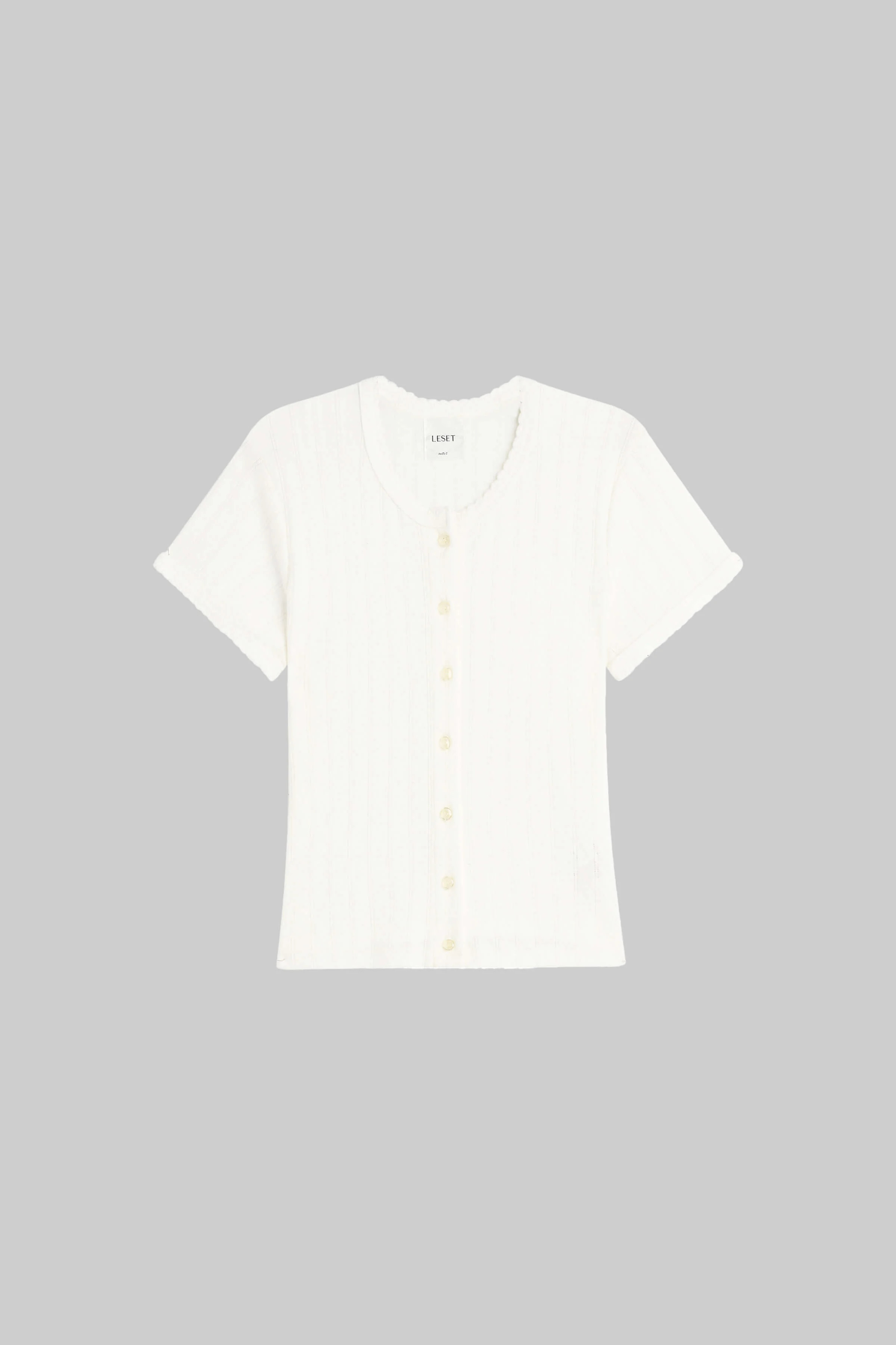 LESET Pointelle Short Sleeve Cardigan in White in Cotton | LESET