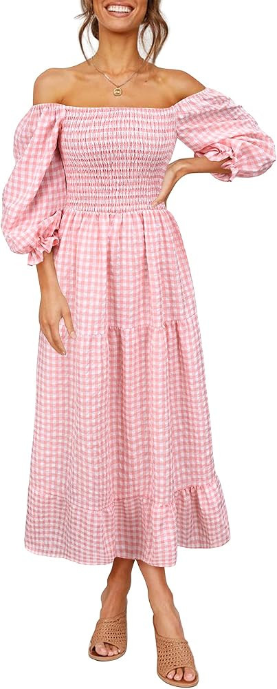 UIMLK Women's Boho Flowy Cottagecore Puff Sleeve Off The Shoulder Summer Casual Plaid Ruffle Midi Lo | Amazon (US)