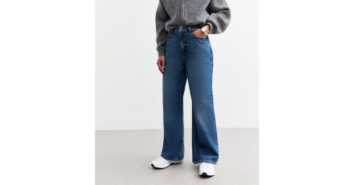Petite Dark Blue Adalae High Waisted Wide Leg Jeans | New Look | New Look (UK)