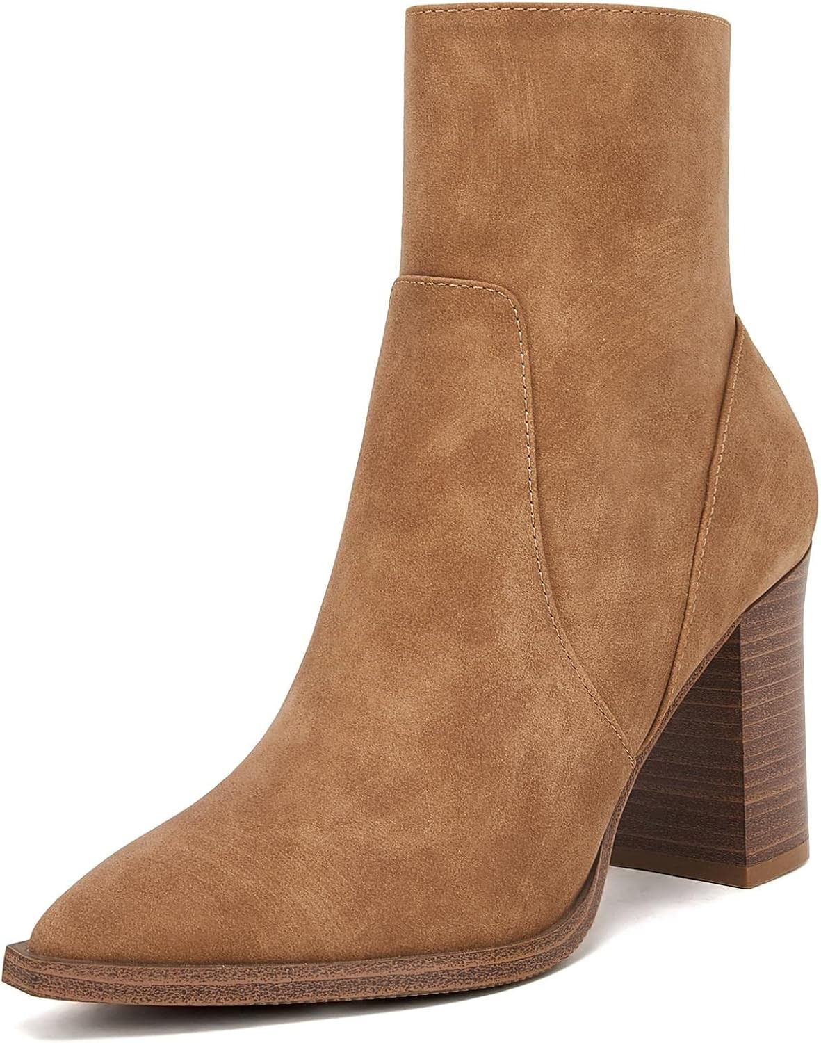 Women's Pointed Toe Ankle Boots Chunky Stacked Heel Side Zipper Faux Leather Ankle Booties | Amazon (US)